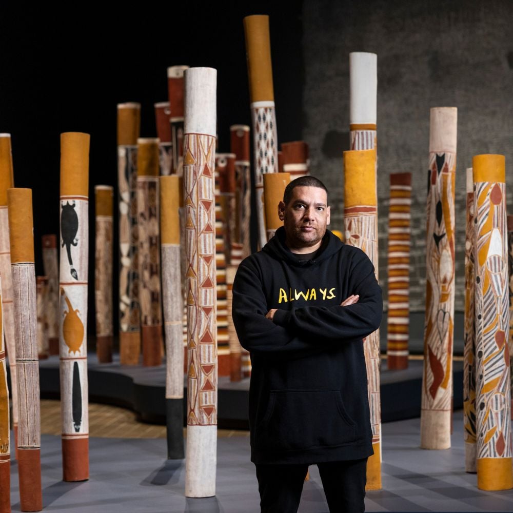 Tony Albert (Girramay/Yidinji/Kuku-Yalanji peoples) with Ramingining artists, Djon Mundine, Bandjalung people, The Aboriginal Memorial, 1987–88, National Gallery of Australia, Kamberri/Canberra